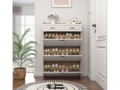 Sapateira com 2 gavetas e 3 portas - Puxadores pretos - Branco + natural