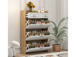 Sapateira com 2 gavetas e 3 portas - Puxadores pretos - Branco + natural