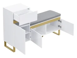 Sapateira com 3 portas, 1 gaveta e almofada - Branca e dourada