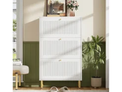 Sapateira com 3 portas basculantes com ranhuras - 73 x 23 x 125 cm - com 6 prateleiras - MDF + aglomerado - branca