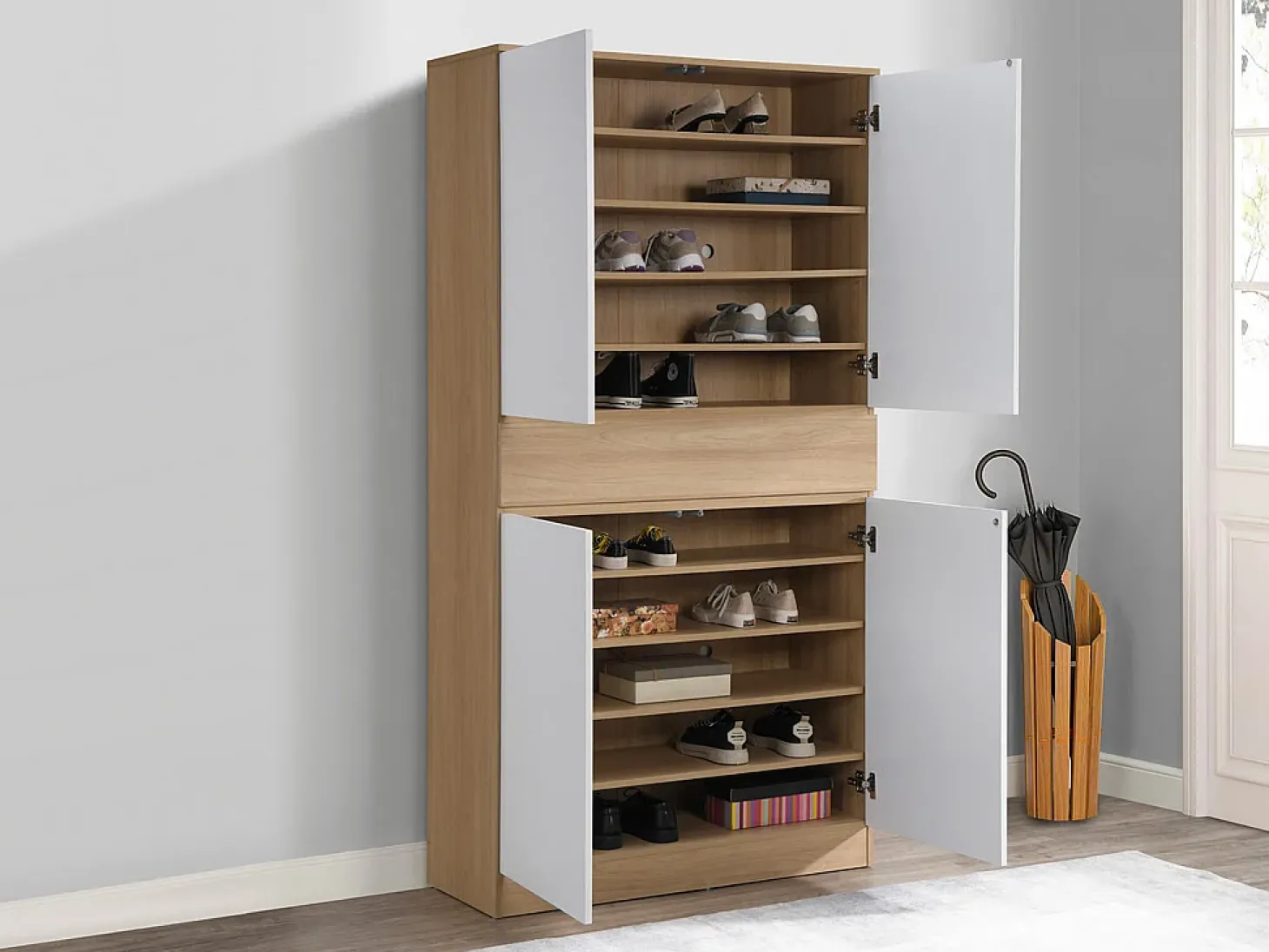 Sapateira com 4 portas e 1 gaveta branco e natural - COVIANA