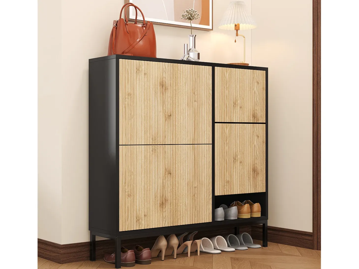Sapateira com 4 portas e trocador - 105 x 25 x 115,5 cm - MDF - Preto brilhante