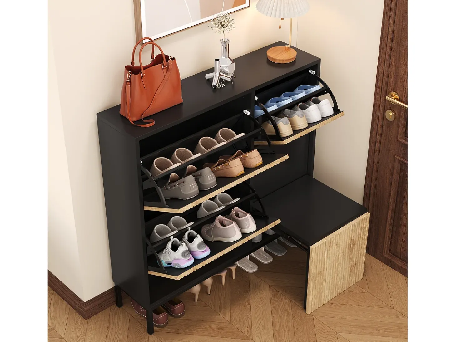 Sapateira com 4 portas e trocador - 105 x 25 x 115,5 cm - MDF - Preto brilhante