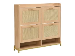 Sapateira com 4 portas em rattan - Base em metal - Cor carvalho claro