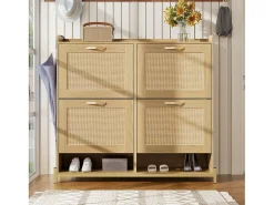 Sapateira com 4 portas em rattan - Base em metal - Cor carvalho claro