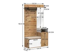 Sapateira com bancada, cabide e espelho - 105 x 40 x 190,5 cm - MDF e aglomerado - Branco e madeira