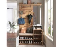 Sapateira com bancada, cabide e espelho - 105 x 40 x 190,5 cm - MDF e aglomerado - Branco e madeira