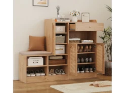 Sapateira com banco estofado - 142 x 35 x 110 cm - com 3 portas em rattan trançado + 1 gaveta - aglomerado - cor natural