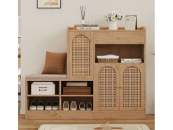 Sapateira com banco estofado - 142 x 35 x 110 cm - com 3 portas em rattan trançado + 1 gaveta - aglomerado - cor natural