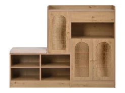 Sapateira com banco estofado - 142 x 35 x 110 cm - com 3 portas em rattan trançado + 1 gaveta - aglomerado - cor natural