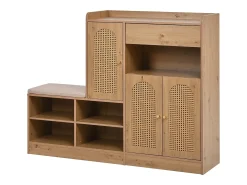Sapateira com banco estofado - 142 x 35 x 110 cm - com 3 portas em rattan trançado + 1 gaveta - aglomerado - cor natural