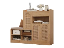 Sapateira com banco estofado - 142 x 35 x 110 cm - com 3 portas em rattan trançado + 1 gaveta - aglomerado - cor natural