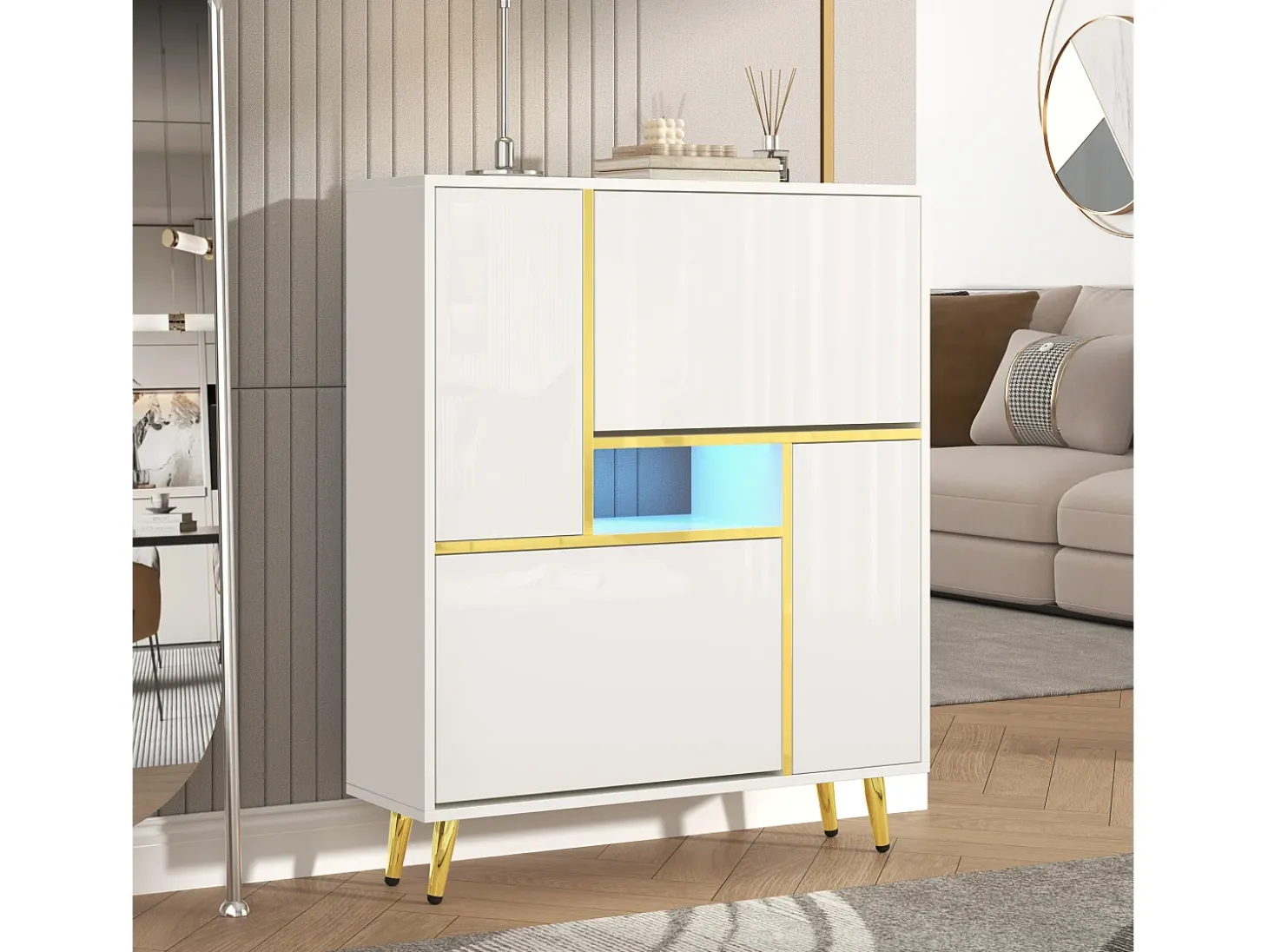 Sapateira com frente brilhante - 80 x 25 x 96 cm - LEDs - Aglomerado - Branco