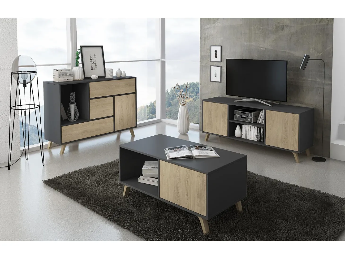 Sapateira cor Cinzento antracite e Carvalho, 90x26x102cm