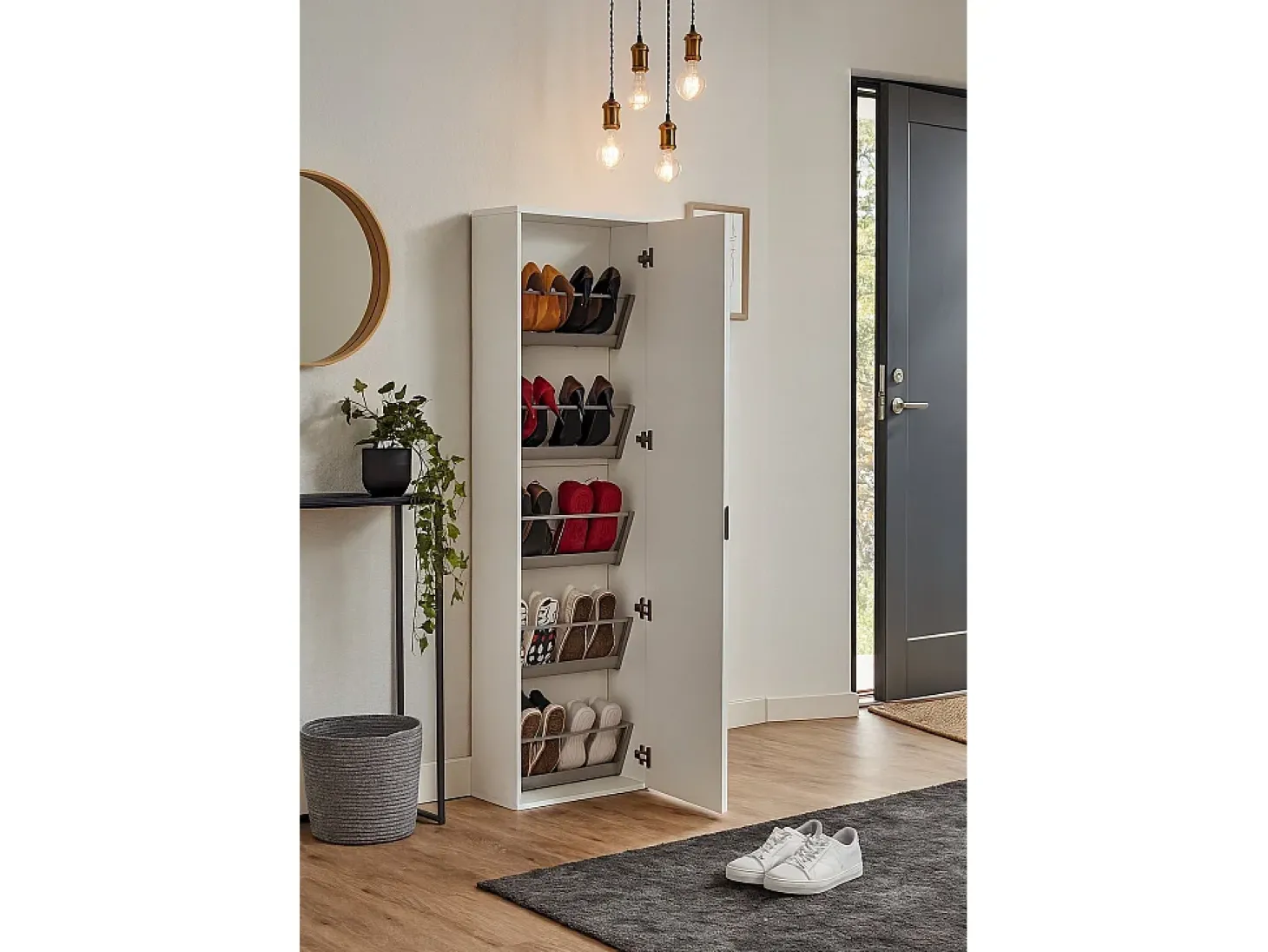 Sapateira Dabarre, Móvel de entrada multiuso com porta espelhada, Sapateira moderna com 5 prateleiras, 100% Fabricado na Itália, 50x18h178 cm, Branco