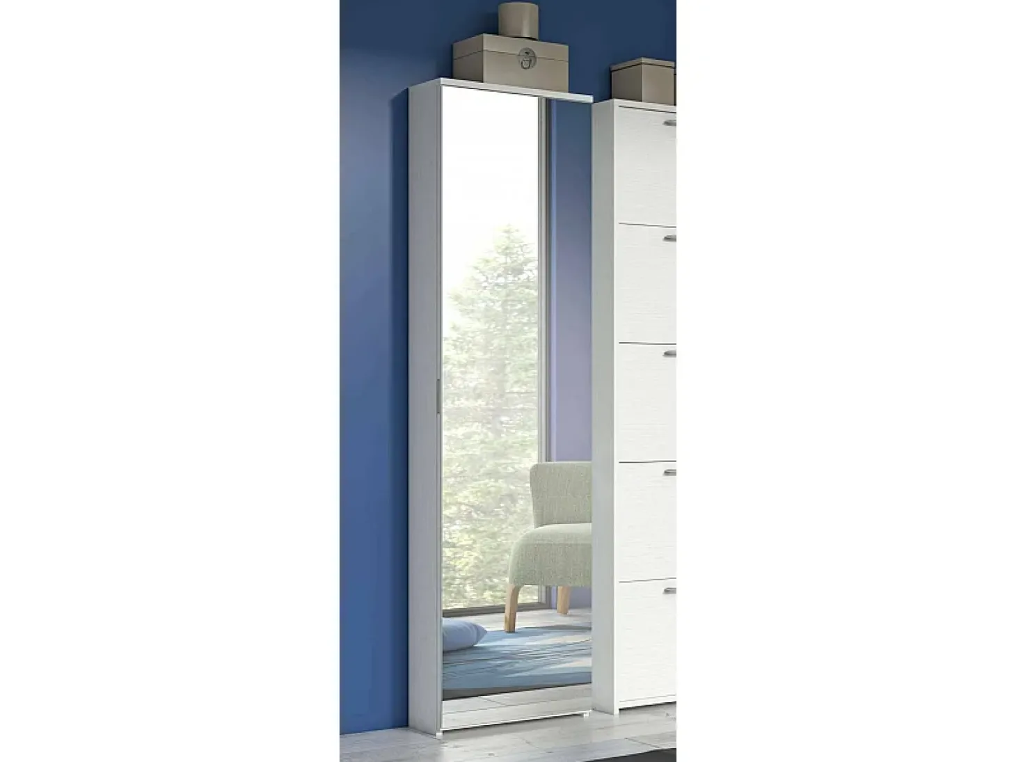 Sapateira Dabarre, Móvel de entrada multiuso com porta espelhada, Sapateira moderna com 5 prateleiras, 100% Fabricado na Itália, 50x18h178 cm, Branco