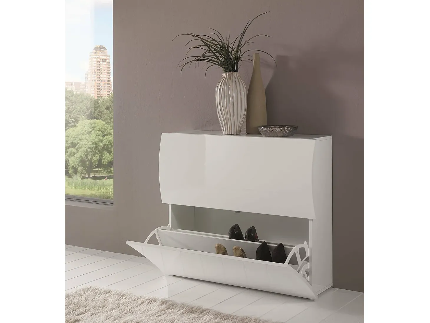 Sapateira Dabayom, Armário multiuso com 2 portas dobráveis, Sapateira de entrada, 100% Fabricado na Itália, 101x27h82 cm, Branco brilhante