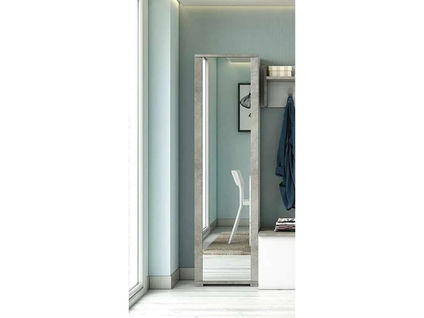 Sapateira Dcandel, móvel de entrada multiuso com porta espelhada, sapateira moderna com 7 prateleiras, 100% Fabricado na Itália, 50x32hx182 cm, Branco e Cimento
