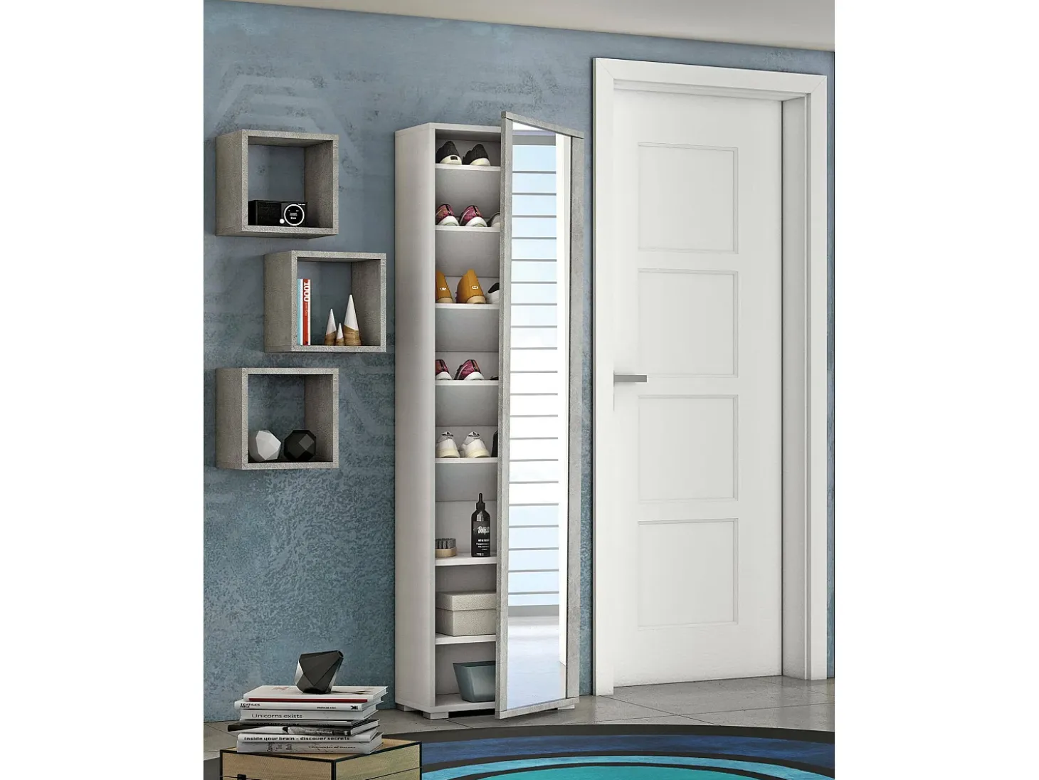Sapateira Dcandel, móvel de entrada multiuso com porta espelhada, sapateira moderna com 7 prateleiras, 100% Fabricado na Itália, 50x32hx182 cm, Branco e Cimento