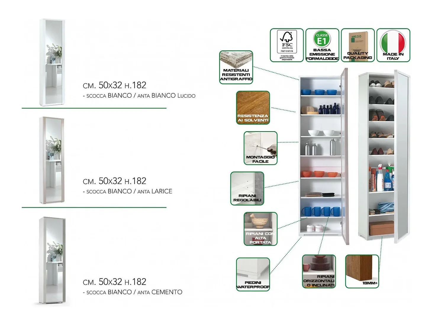 Sapateira Dcandel, móvel de entrada multiuso com porta espelhada, sapateira moderna com 7 prateleiras, 100% Fabricado na Itália, 50x32hx182 cm, Branco e Cimento