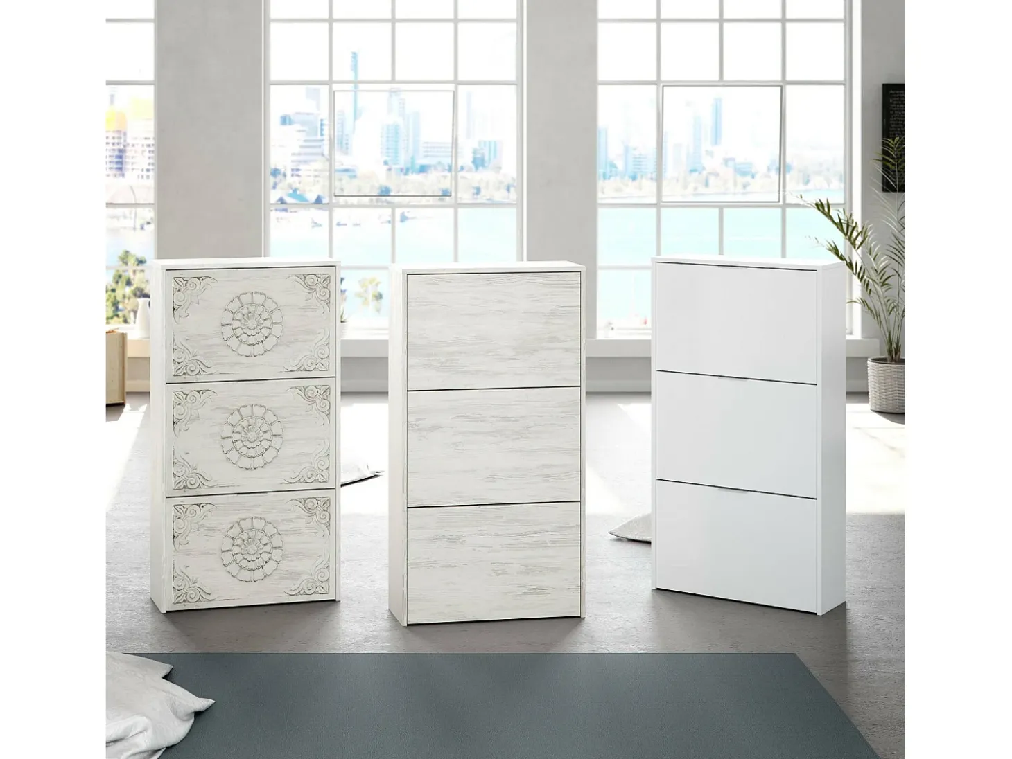 Sapateira Dcosta, guarda-roupa com 3 portas sanfonadas, armário de dupla capacidade para até 18 pares de sapatos, 60x22h113 cm, branco antigo