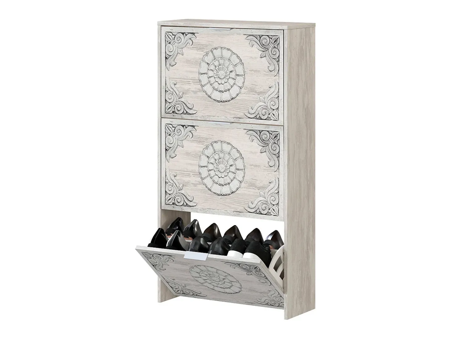 Sapateira Dcosta, guarda-roupa com 3 portas sanfonadas, armário de dupla capacidade para até 18 pares de sapatos, 60x22h113 cm, branco antigo