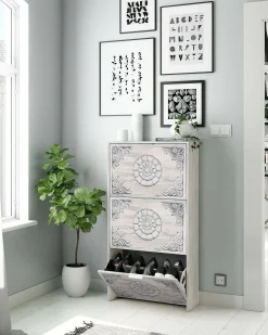 Sapateira Dcosta, guarda-roupa com 3 portas sanfonadas, armário de dupla capacidade para até 18 pares de sapatos, 60x22h113 cm, branco antigo