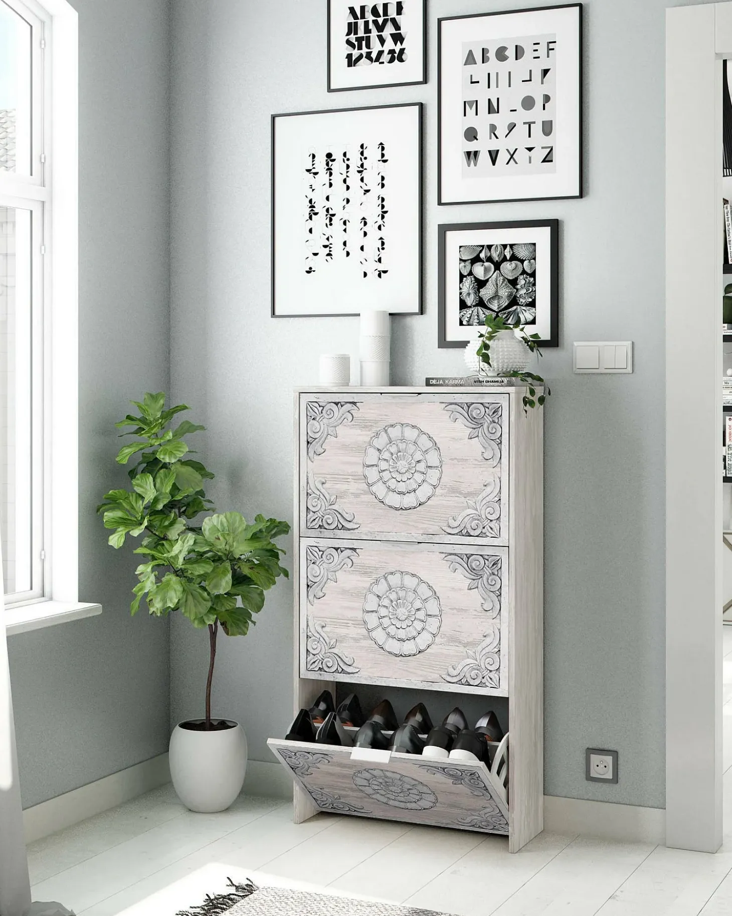 Sapateira Dcosta, guarda-roupa com 3 portas sanfonadas, armário de dupla capacidade para até 18 pares de sapatos, 60x22h113 cm, branco antigo
