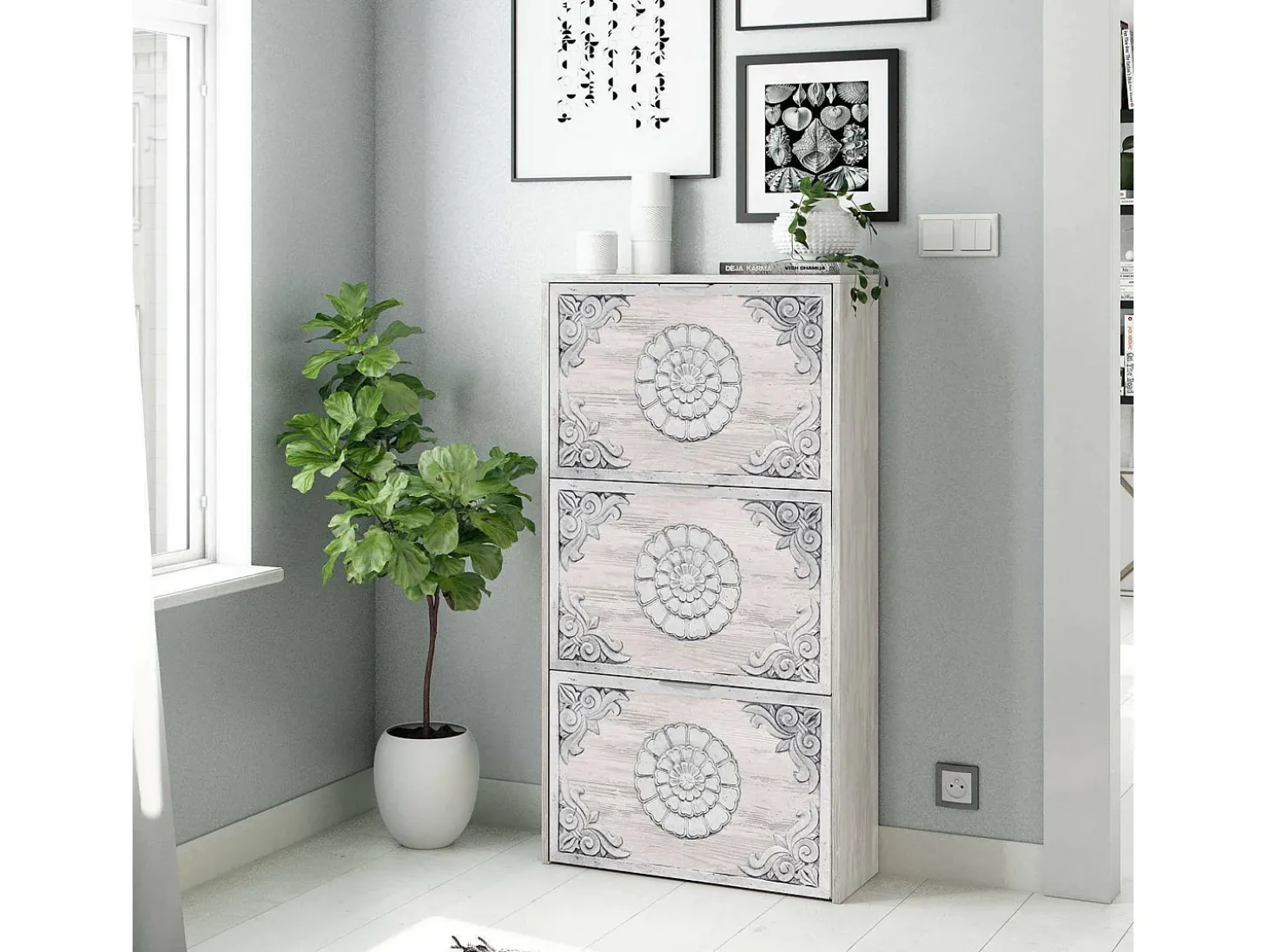 Sapateira Dcosta, guarda-roupa com 3 portas sanfonadas, armário de dupla capacidade para até 18 pares de sapatos, 60x22h113 cm, branco antigo