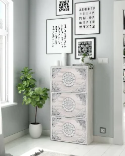 Sapateira Dcosta, guarda-roupa com 3 portas sanfonadas, armário de dupla capacidade para até 18 pares de sapatos, 60x22h113 cm, branco antigo