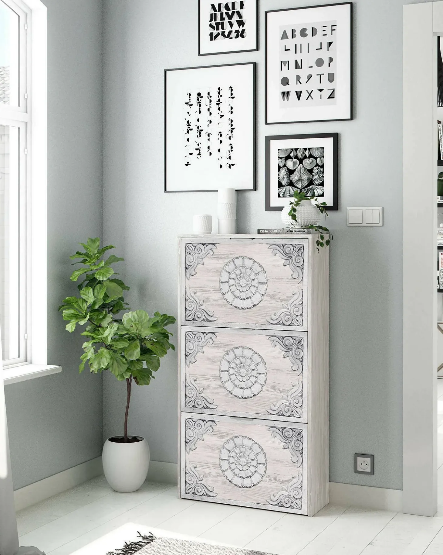 Sapateira Dcosta, guarda-roupa com 3 portas sanfonadas, armário de dupla capacidade para até 18 pares de sapatos, 60x22h113 cm, branco antigo