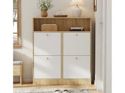 Sapateira de 4 portas - 90 x 24 x 104,5 cm - com prateleiras abertas - para hall de entrada/corredor - MDF - natural + branco