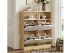 Sapateira de 4 portas - 90 x 24 x 104,5 cm - com prateleiras abertas - para hall de entrada/corredor - MDF - natural + branco