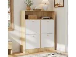 Sapateira de 4 portas - 90 x 24 x 104,5 cm - com prateleiras abertas - para hall de entrada/corredor - MDF - natural + branco