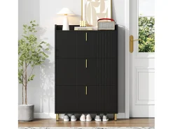 Sapateira de 3 portas - 80 x 23,5 x 123,5 cm - com 6 compartimentos + dispositivo anti-tombamento - MDF - preta
