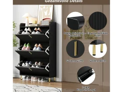 Sapateira de 3 portas - 80 x 23,5 x 123,5 cm - com 6 compartimentos + dispositivo anti-tombamento - MDF - preta