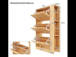 Sapateira de madeira - 70 x 23,5 x 11,5 cm - Design com 3 portas + prateleiras abertas - MDF - cor natural
