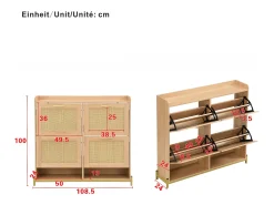 Sapateira de madeira com 4 portas de rattan - 108,5 x 24 x 100 cm - estrutura metálica - MDF - cor natural