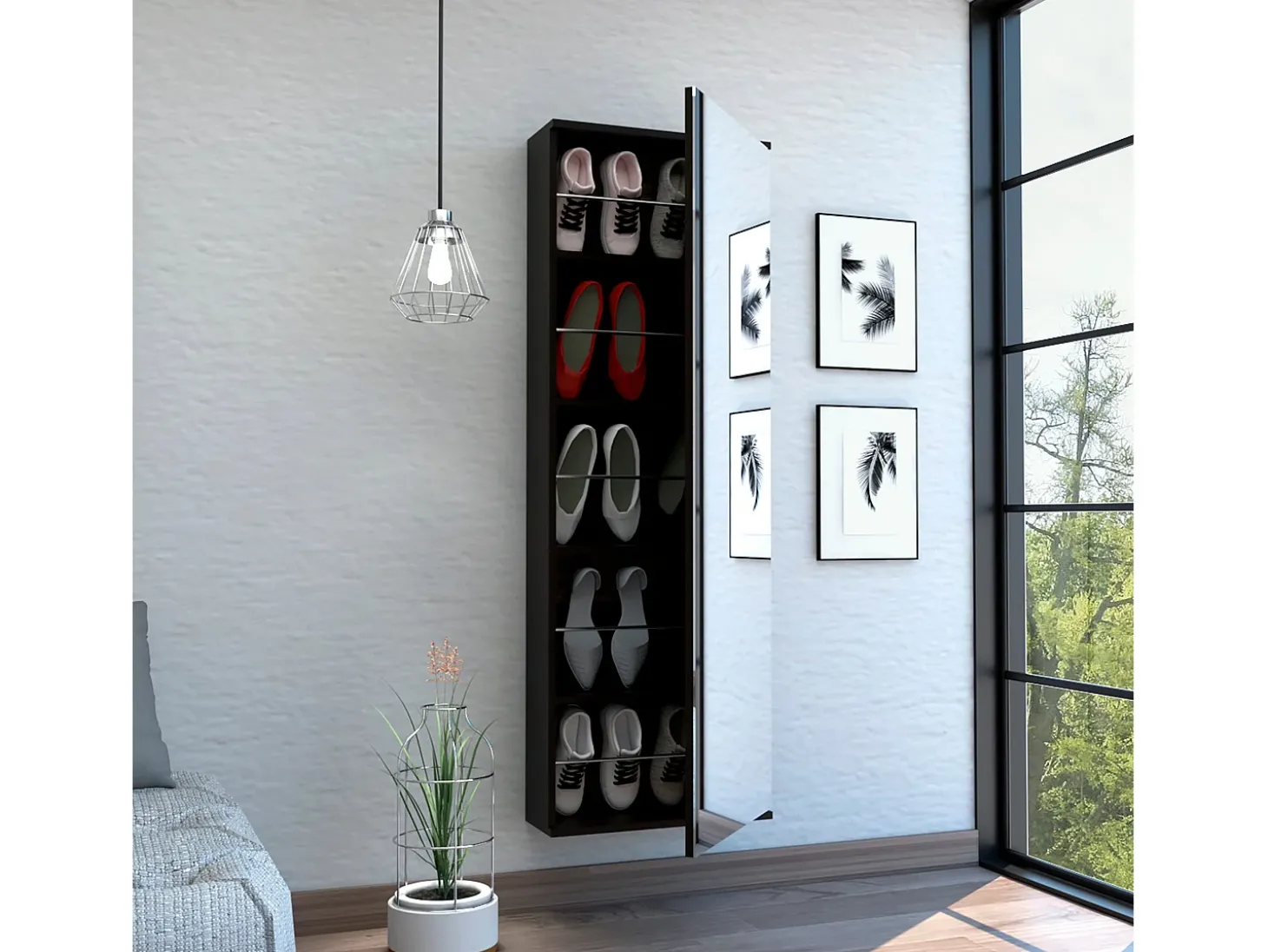 Sapateira de parede Leto com espelho, estilo moderno e espaço, 137.92 cm X 46.99 cm X 20.57 cm , preto