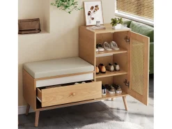 Sapateira de rattan - 95,5 x 35 x 80,5 cm - com porta + almofada para assento + gaveta + espaço de armazenamento aberto - MDF - cor natural