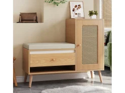 Sapateira de rattan - 95,5 x 35 x 80,5 cm - com porta + almofada para assento + gaveta + espaço de armazenamento aberto - MDF - cor natural