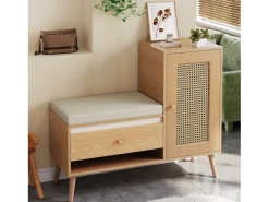 Sapateira de rattan - 95,5 x 35 x 80,5 cm - com porta + almofada para assento + gaveta + espaço de armazenamento aberto - MDF - cor natural