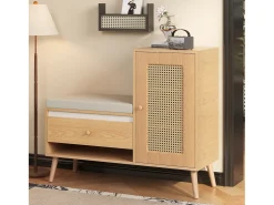 Sapateira de rattan - 95,5 x 35 x 80,5 cm - com porta + almofada para assento + gaveta + espaço de armazenamento aberto - MDF - cor natural