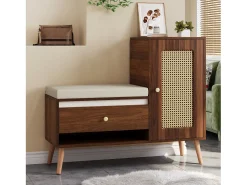 Sapateira de vime - 95,5 x 35 x 80,5 cm - com porta + almofada para assento + gaveta + espaço de armazenamento aberto - MDF - marrom