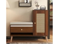 Sapateira de vime - 95,5 x 35 x 80,5 cm - com porta + almofada para assento + gaveta + espaço de armazenamento aberto - MDF - marrom