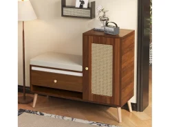 Sapateira de vime - 95,5 x 35 x 80,5 cm - com porta + almofada para assento + gaveta + espaço de armazenamento aberto - MDF - marrom