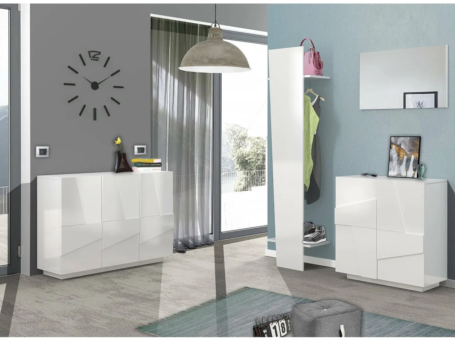 Sapateira Dfogl, Armário multiuso com 2 portas, Sapateira de entrada, 100% Fabricado na Itália, 81x38h86 cm, Branco brilhante com detalhe