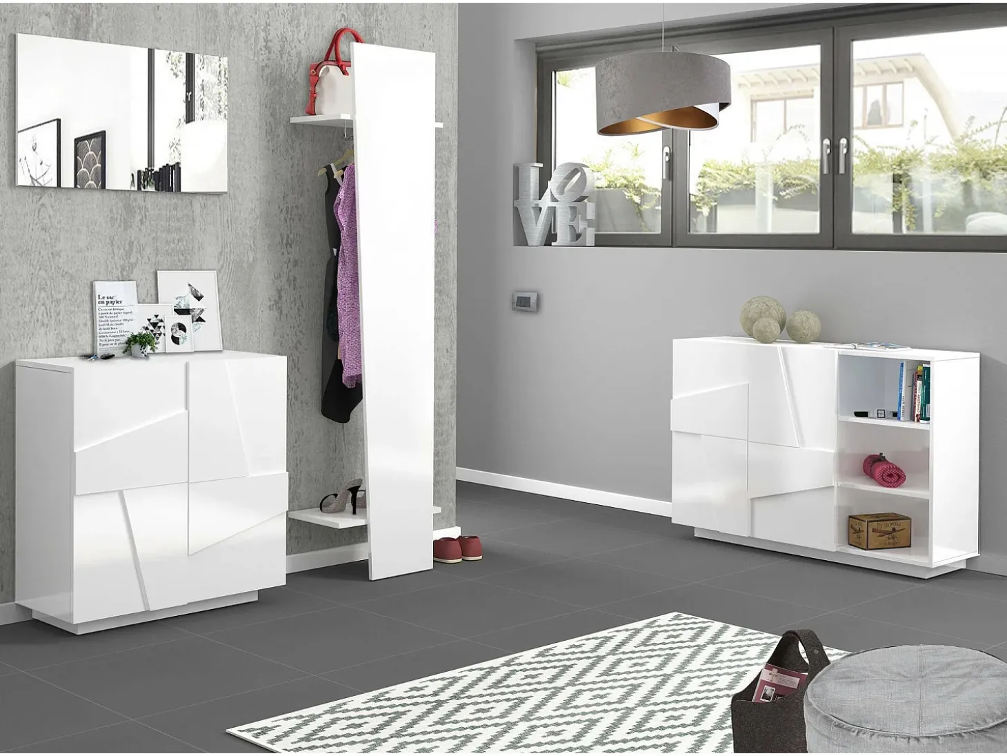 Sapateira Dfogl, Armário multiuso com 2 portas, Sapateira de entrada, 100% Fabricado na Itália, 81x38h86 cm, Branco brilhante com detalhe