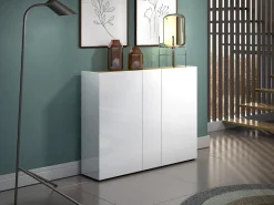 Sapateira Dgalderis, Armário de sapato, Armário de entrada multiuso, Armário de calçado, Made in Italy, 145x35h115 cm, Branco brilhante e carvalho