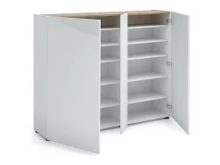 Sapateira Dgalderis, Armário de sapato, Armário de entrada multiuso, Armário de calçado, Made in Italy, 145x35h115 cm, Branco brilhante e carvalho